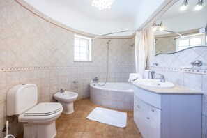 Shower, hair dryer, bidet, towels