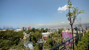 A high vantage point overlooking a cityscape with buildings, trees, and a clear sky.
