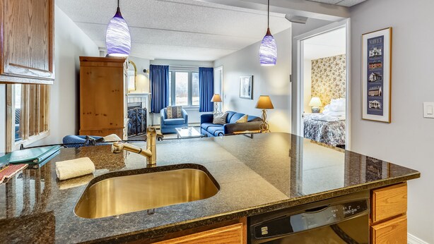 Eine moderne Küche mit Granit Arbeitsplatte, Edelstahlspüle und Holzschränken.
