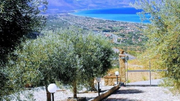 A scenic view from a high vantage point overlooking a coastal town, with olive trees and a stone pathway leading to a building with a stone wall and a gate.