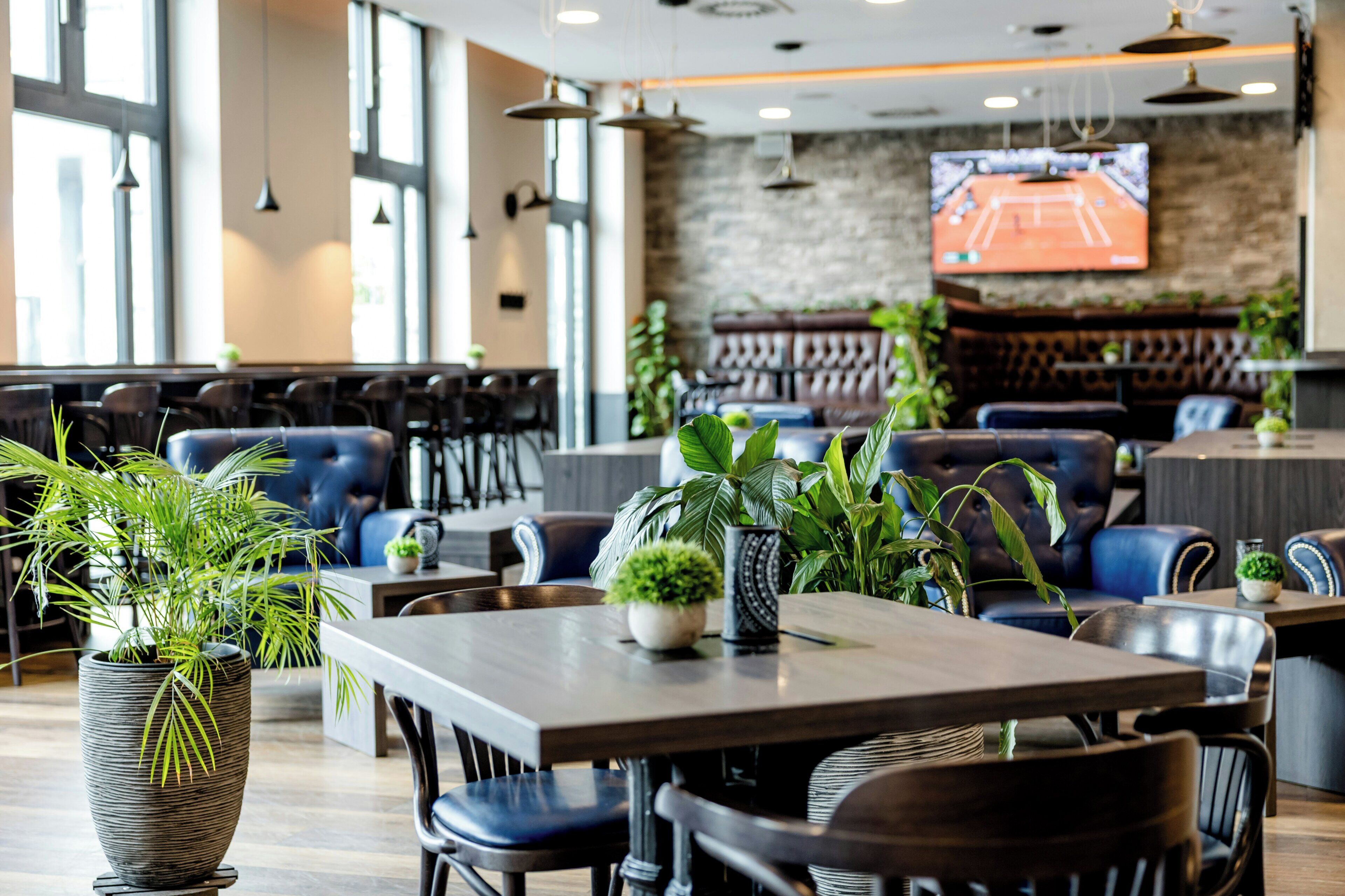 A restaurant with tables, chairs, potted plants, and a TV mounted on the wall.