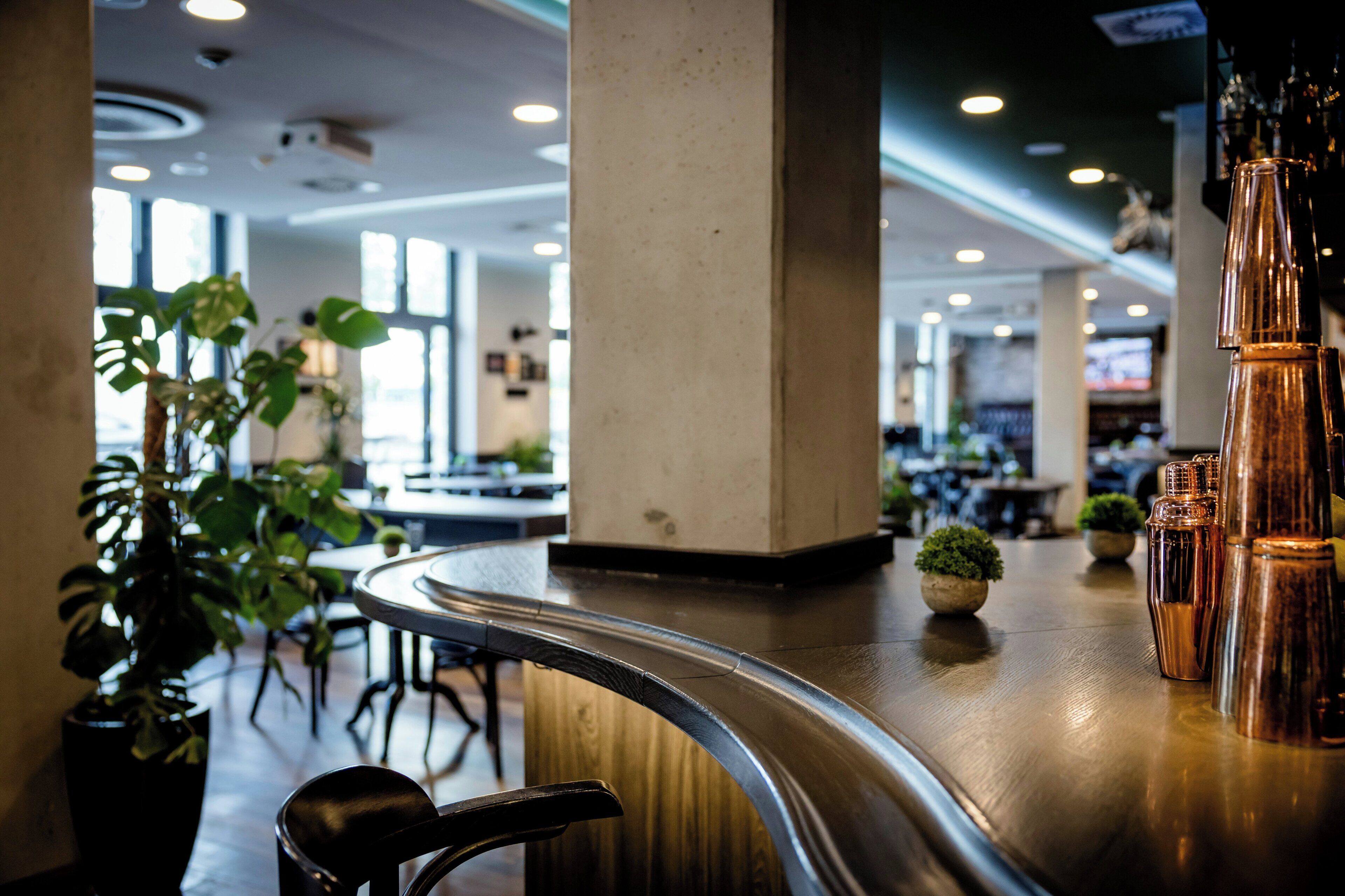 A bar area with a curved counter, potted plants, and copper-colored decorative items.