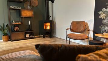 A cozy living room with a fireplace, a brown leather chair, a bookshelf, and a potted plant.