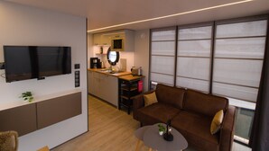 Ein kompakter Wohnbereich mit Küchenzeile, einem Wand-Fernseher, einem braunen Sofa und einem kleinen Tisch mit einer Pflanze.