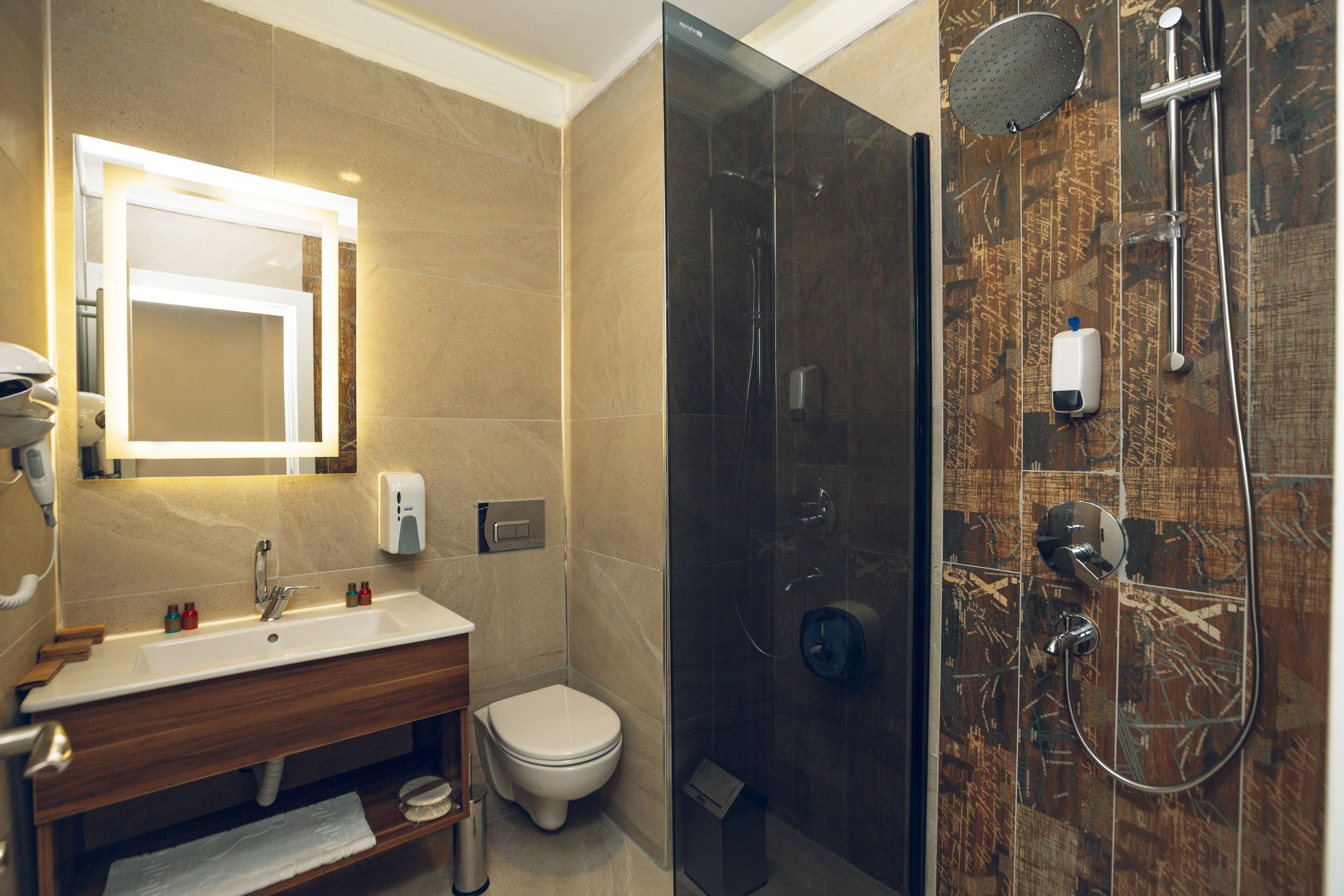 shower, rainfall showerhead, hair dryer, slippers