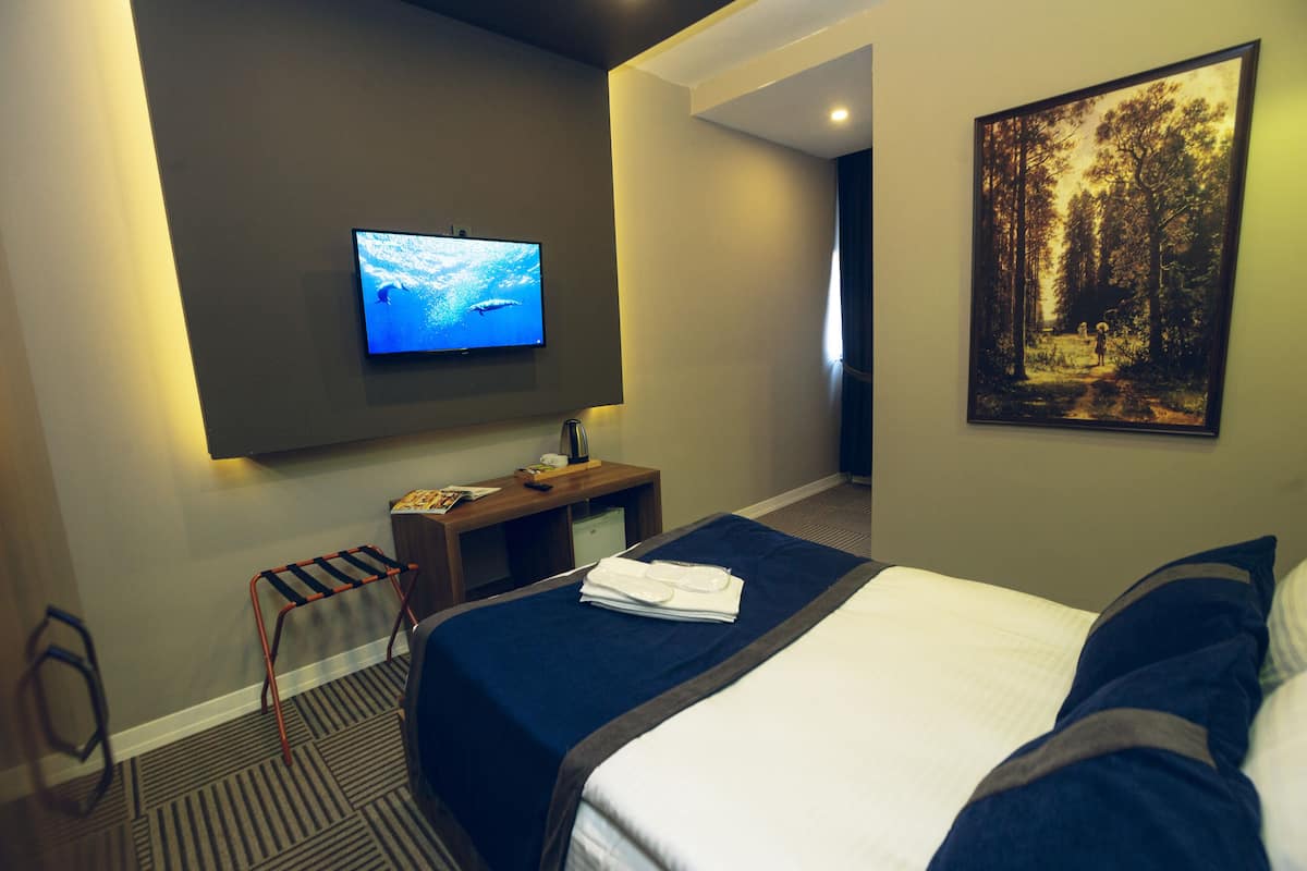 Une chambre d’hôtel avec un lit, un téléviseur à écran plat fixé au mur, un tableau au mur et un petit bureau avec une chaise.