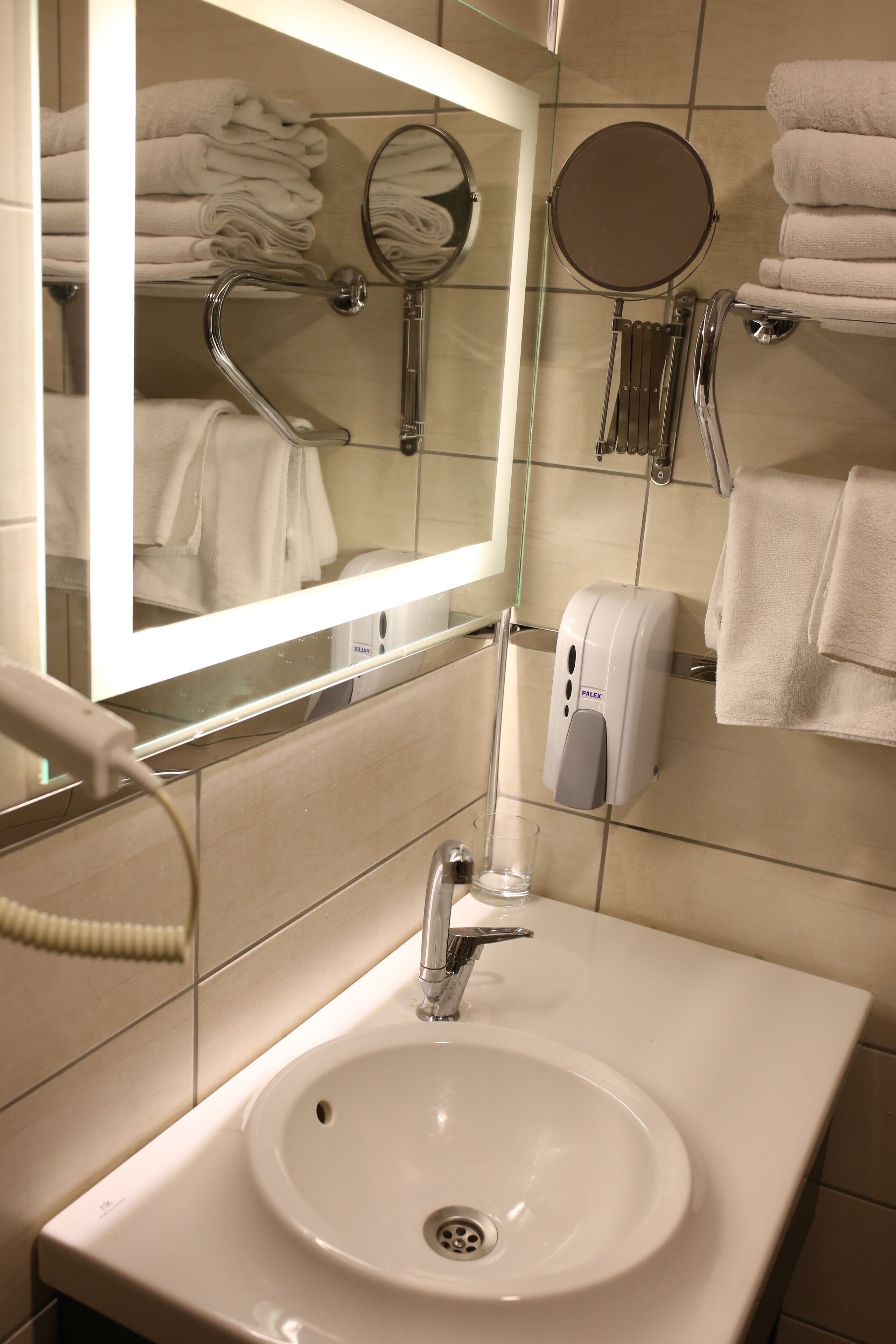 shower, rainfall showerhead, hair dryer, slippers