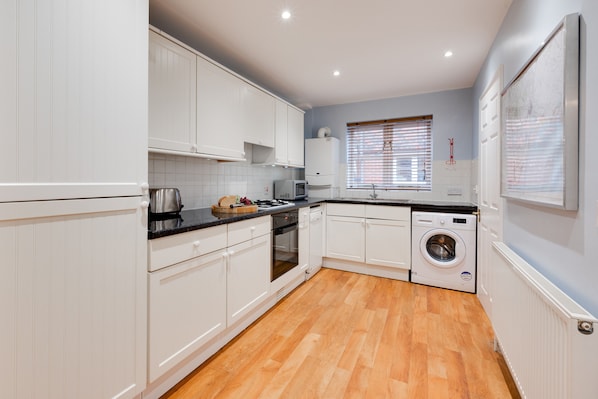 Fridge, microwave, oven, dishwasher