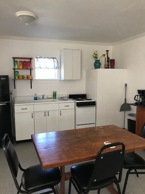 Fridge, microwave, coffee/tea maker, toaster