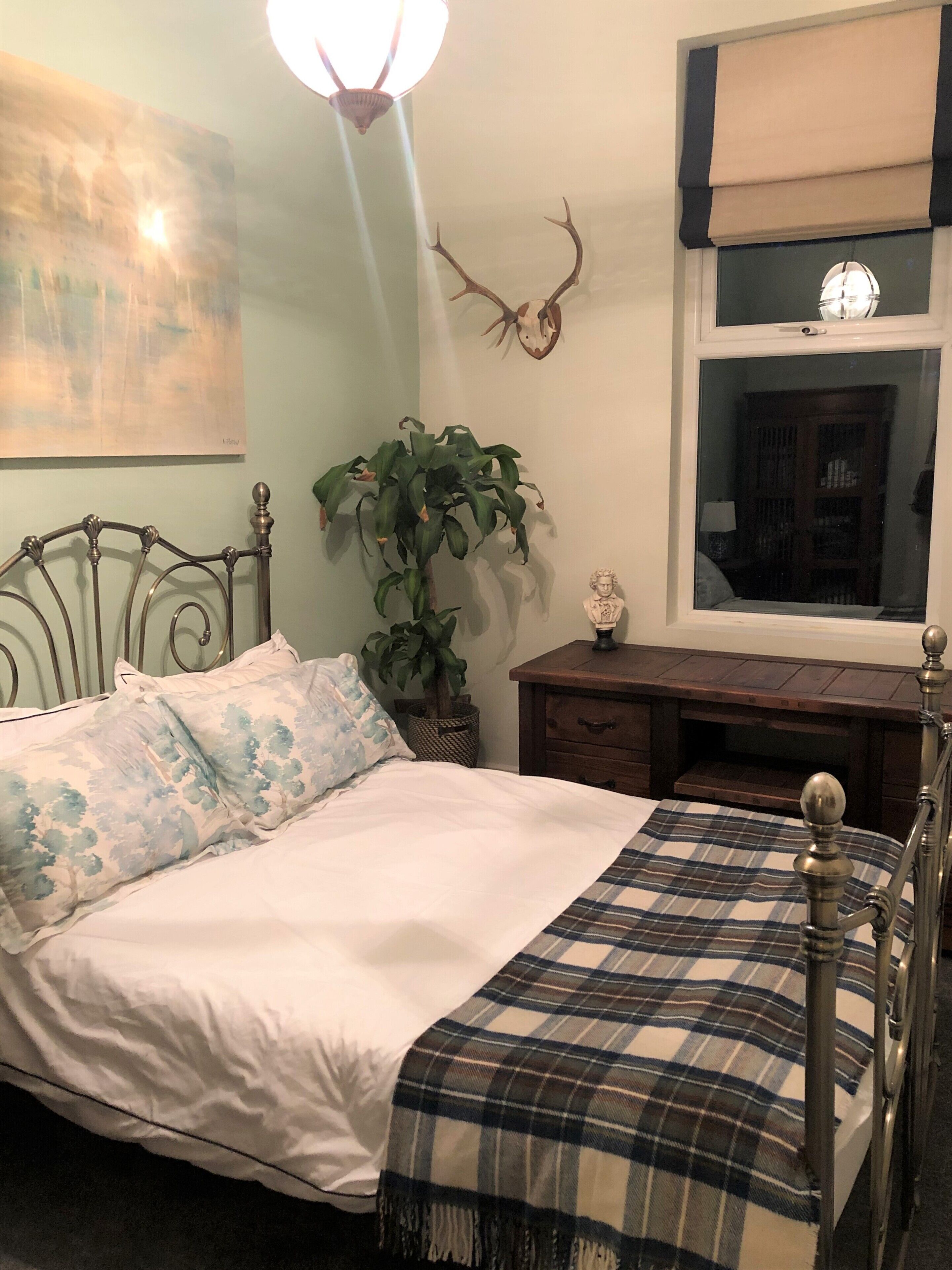 A bedroom with a bed, a nightstand, a potted plant, a wall-mounted deer head, and a window with a view of a room.