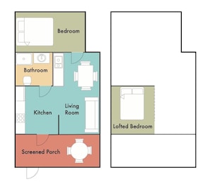Plano de planta que muestra un dormitorio, baño, cocina, sala de estar, porche con mosquitero y un dormitorio en el altillo.