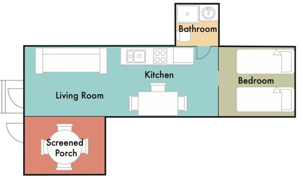 Ein Grundriss mit Wohnzimmer, Küche, Bad, Schlafzimmer und einem einsehbaren Veranda.