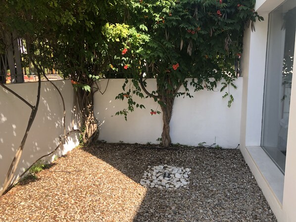 A courtyard with a tree, gravel path, and a white wall. - La Estación (Sanlucar de Barrameda)