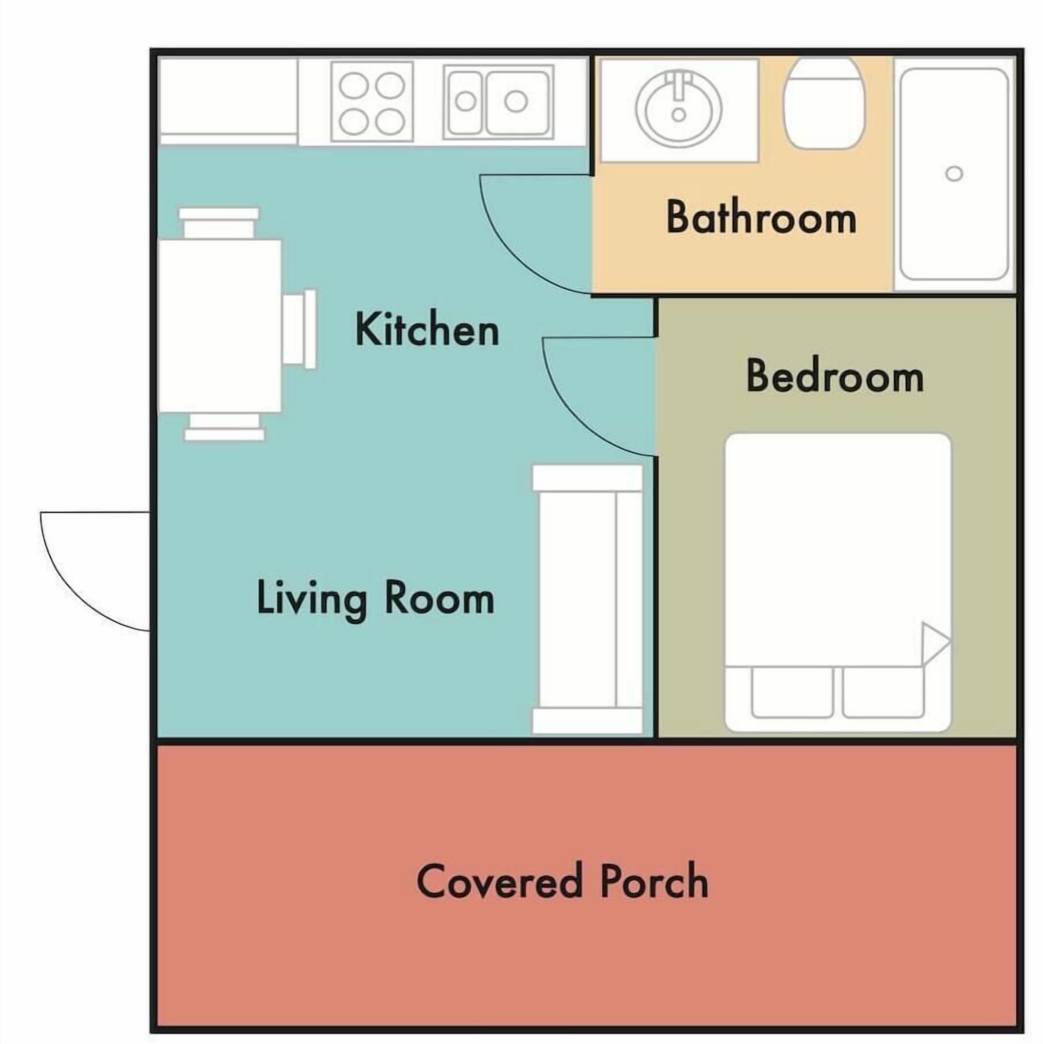 A floor plan with a kitchen, bathroom, bedroom, living room, and covered porch.