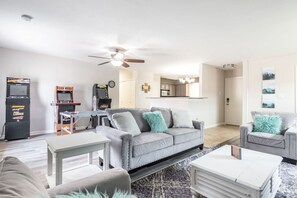 Smart TV, fireplace, foosball, table tennis