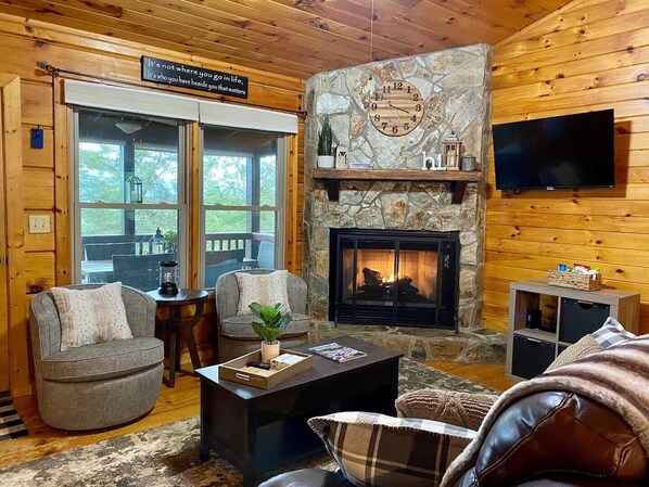 Smart TV, fireplace, books