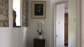 Un pasillo con pared de piedra, un cuadro enmarcado, una planta en maceta y un mueble de madera.