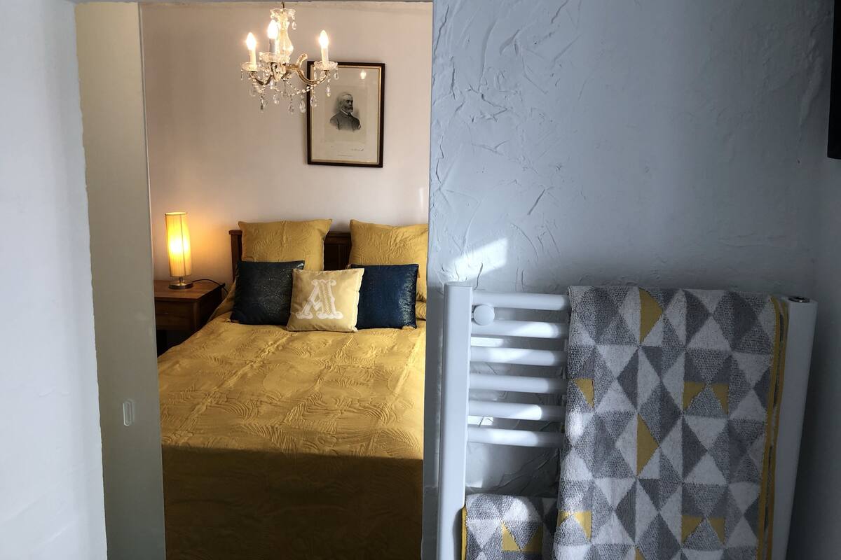 A bedroom with a bed, a chandelier, a bedside lamp, a framed picture, and a patterned curtain.