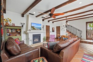 House, Multiple Beds, Patio, Partial Ocean View (Casa de Lujo) | Living area | 42-inch flat-screen TV with digital channels, fireplace - Casa de Lujo - Spanish Seaside Retreat (Santa Barbara)