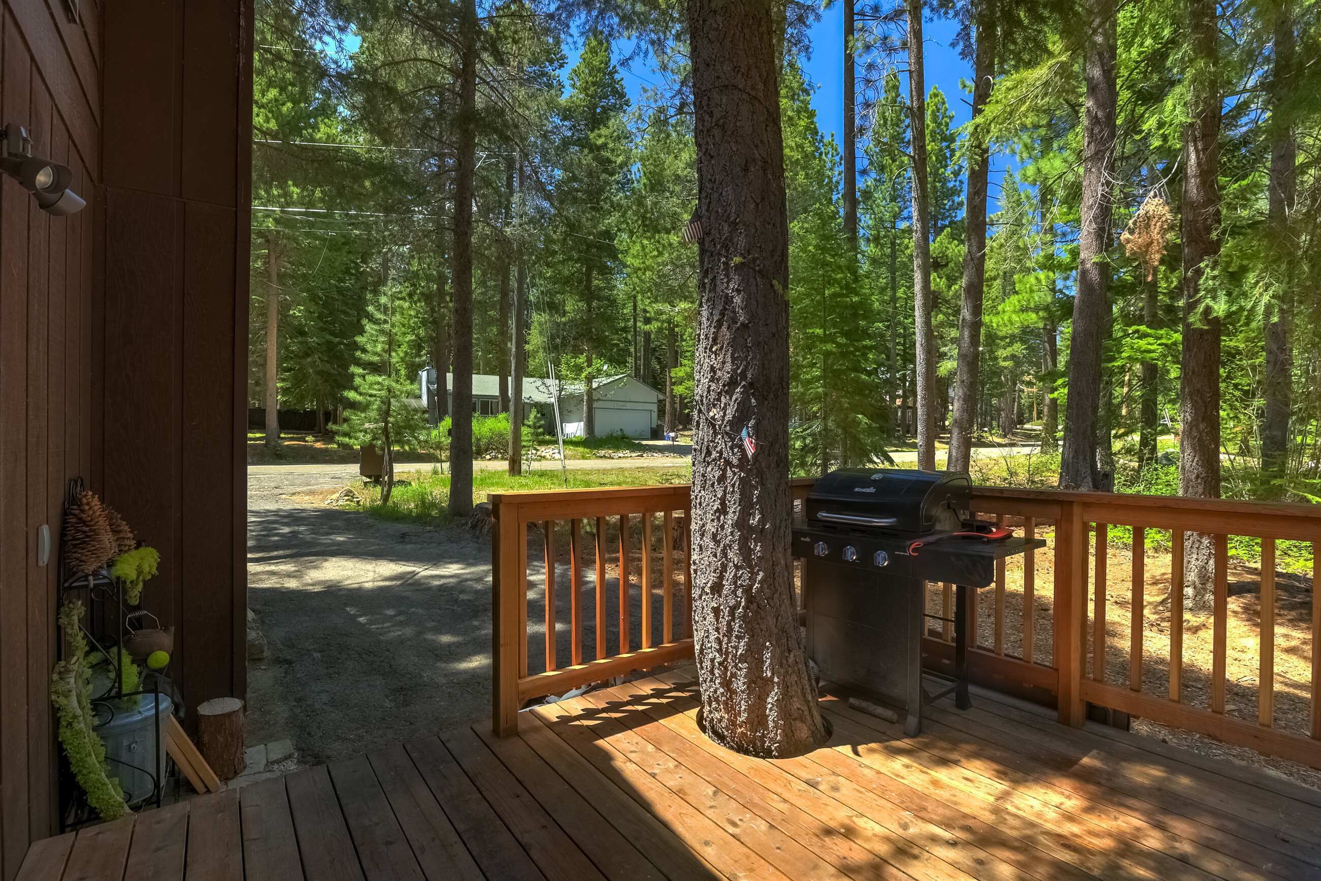 A wooden deck with a grill, surrounded by tall trees and a clear sky.
