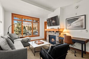 TV connectée, cheminée, lecteur de DVD