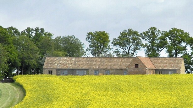 A large building with a long, low roof, surrounded by a field of yellow flowers. - 1 bedroom accommodation in Clopton, near Kettering (Clopton, near Kettering)