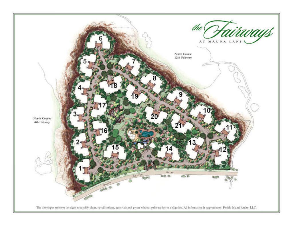 A floor plan of The Fairways at Mauna Lani, featuring numbered rooms, pathways, and surrounding greenery.