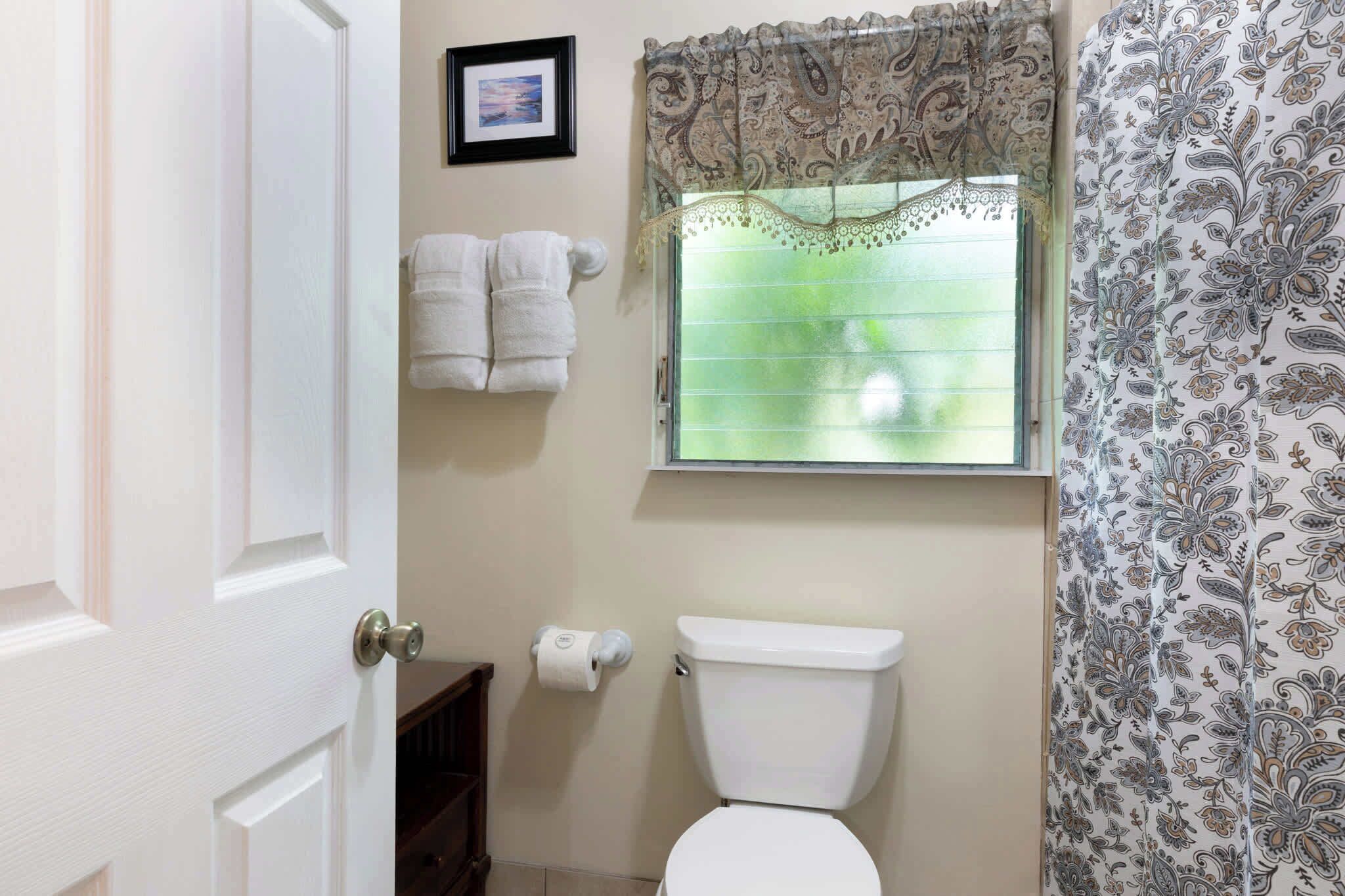A bathroom with a toilet, a window with a patterned curtain, and a framed picture on the wall.