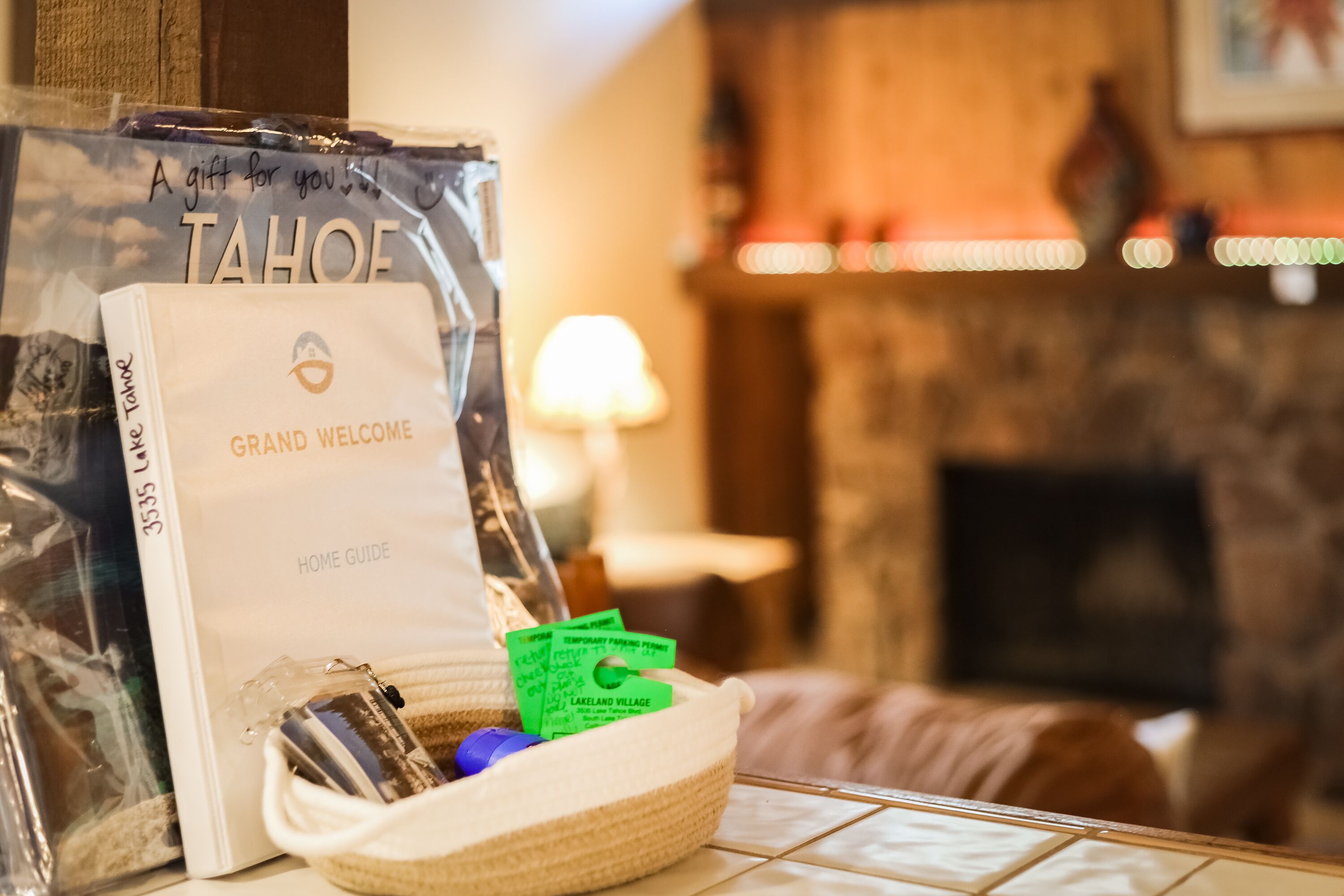 A welcome bag with a Tahoe home guide and temporary parking passes.