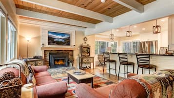 House, Multiple Beds, Fireplace, Mountain View (Serenity Woods) | Living area | 50-inch flat-screen TV with digital channels, fireplace