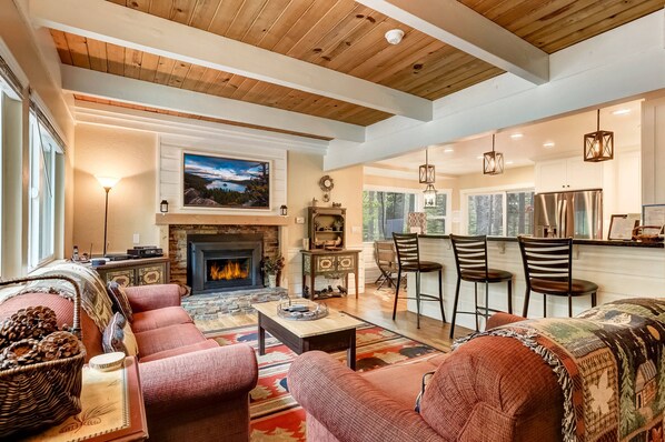 House, Multiple Beds, Fireplace, Mountain View (Serenity Woods) | Living area | 50-inch flat-screen TV with digital channels, fireplace - Serenity Woods - Game Room & More! (South Lake Tahoe)