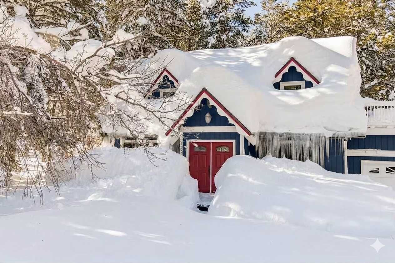 A snow-covered house with a red door and a small porch.