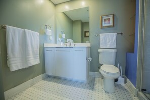 Shower, hair dryer, towels, soap