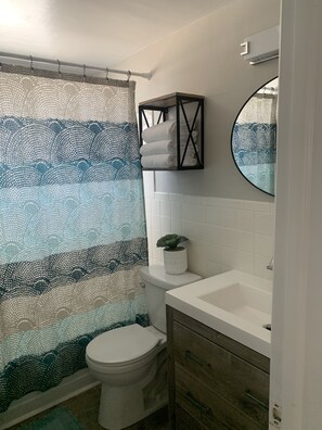 Shower, hair dryer, towels, soap