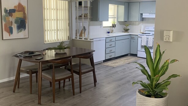 A modern kitchen with white cabinets, a wooden dining table, and a potted plant.