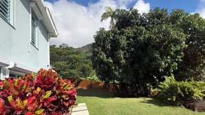 A well-maintained lawn with a stone pathway leading to a house with a light blue exterior. - Casa Sandia- Ocean & Mountain Views- Home + Studio (Pastillas)