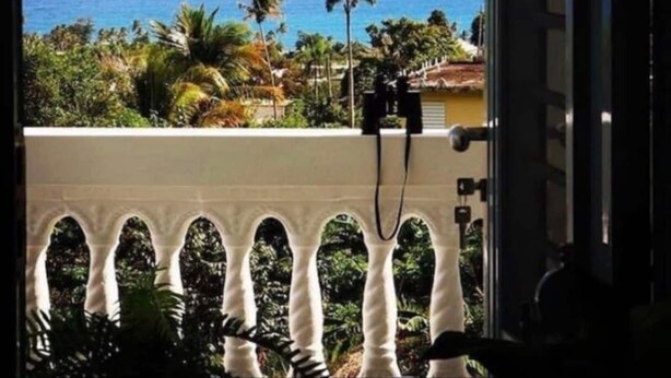 A balcony with a view of the ocean and palm trees. - Casa Sandia- Ocean & Mountain Views- Home + Studio (Pastillas)