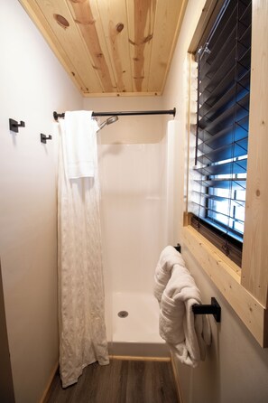 Combined shower/tub, hair dryer, towels, soap