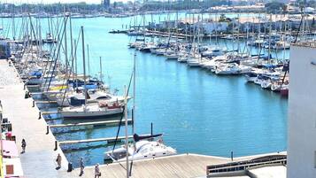 A marina with numerous boats docked, a pier with people walking, and a cityscape in the background.