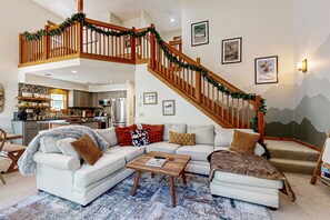 TV, fireplace, books