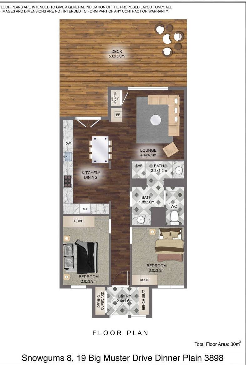 Een plattegrond van een appartement met 3 slaapkamers en 2 badkamers, met een totale vloeroppervlakte van 80 vierkante meter.