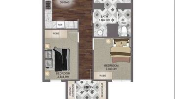 Een plattegrond van een appartement met 3 slaapkamers en 2 badkamers, met een totale vloeroppervlakte van 80 vierkante meter.