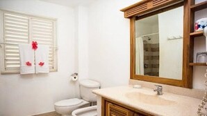 A bathroom with two toilets, a sink, a mirror, and a window with shutters.