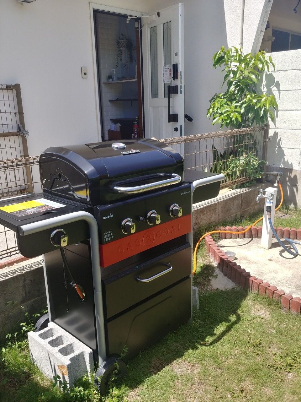 A charcoal grill and oven set up outdoors, with a brick border and a plant nearby.