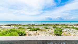 A beach with clear blue water, rocky shore, and green vegetation.