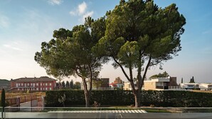 A residential area with a large tree, a paved walkway, and modern buildings in the background. - Holiday Home "Lagolino Boutiquehouse " with Pool, Garden & Wi-Fi (Pacengo/Lazise)
