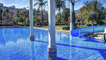 A heated pool, pool loungers