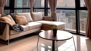 A modern living room with a large window, a beige sofa, and a small round table with a plant. - Eclipse Residency, Cyberjaya by Flexihome MY (Cyberjaya)