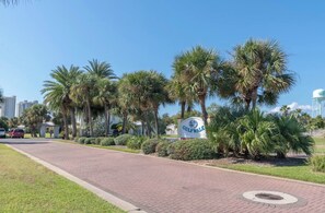 A paved pathway lined with palm trees and a sign reading "Gulfwalk."