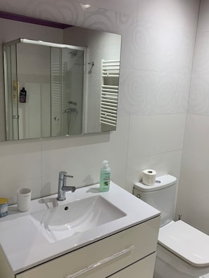 Dusche, Haartrockner, Handtücher, Seife